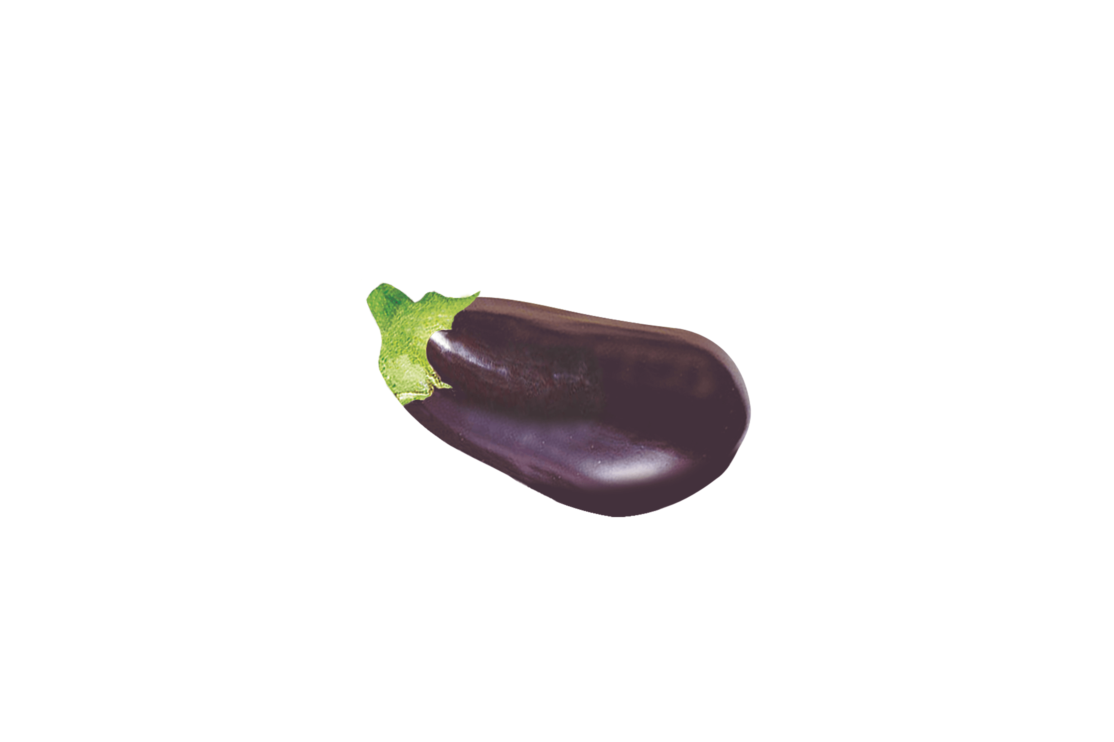 Eine glänzende, violette Aubergine mit grünem Stiel.