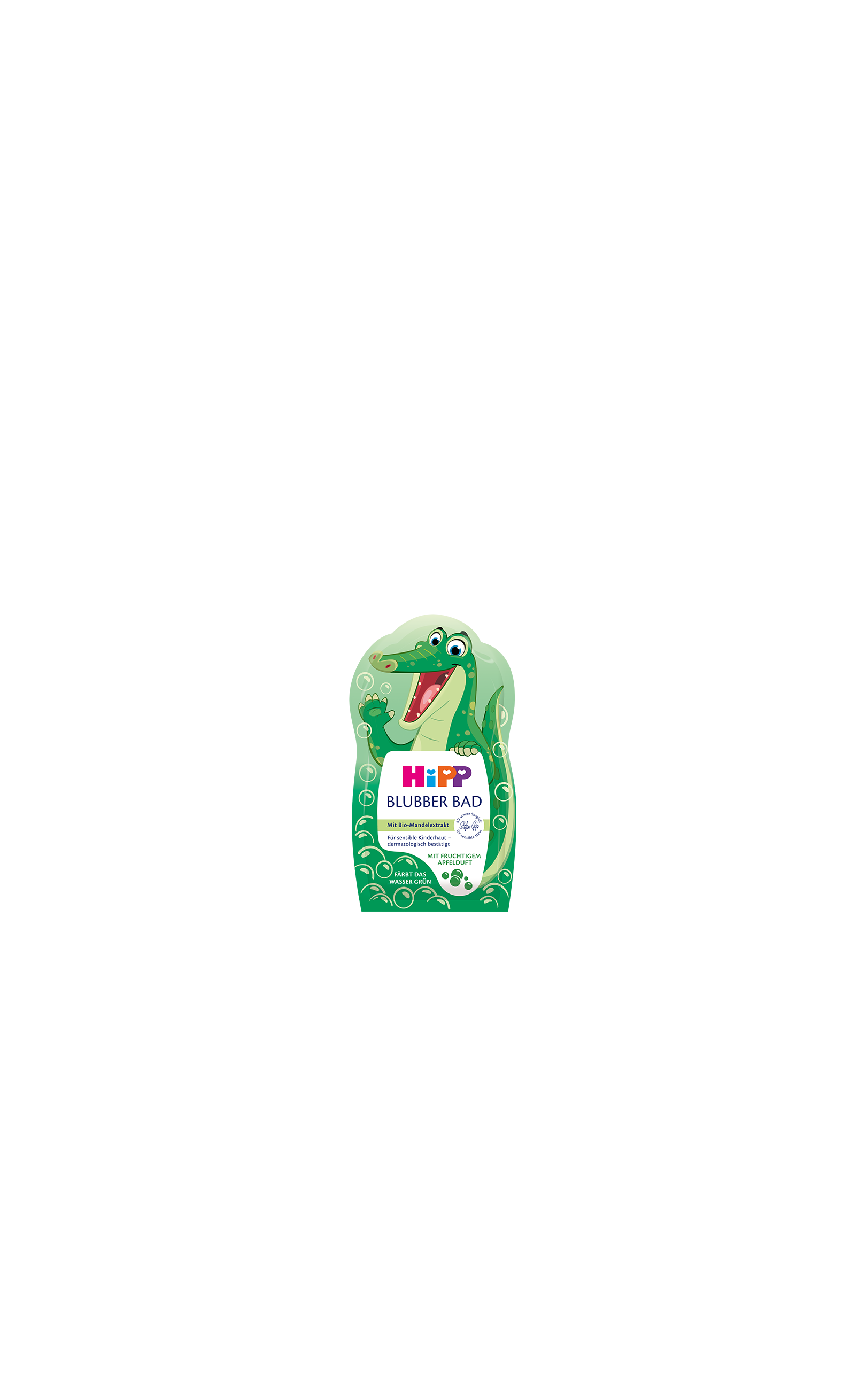 HiPP Blubber Bad 40 ml mit Bio-Mandelextrakt und fruchtigem Apfelduft in grüner Krokodil-Verpackung