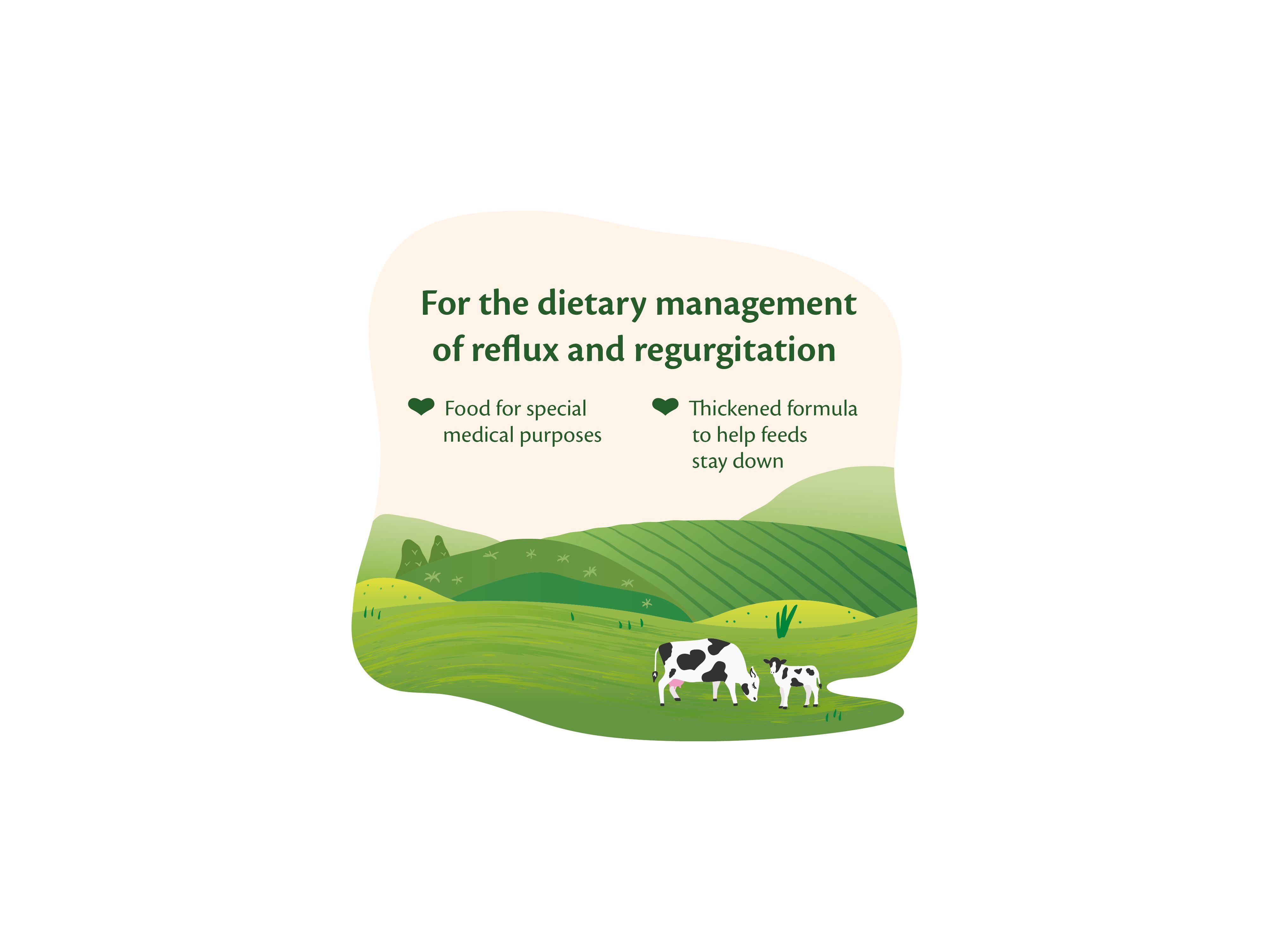 HiPP Organic Anti-Reflux Milk illustration with cows in green fields and text about dietary management of reflux and regurgitation