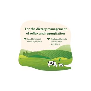 HiPP Organic Anti-Reflux Milk illustration with cows in green fields and text about dietary management of reflux and regurgitation