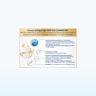 Infografik zur Zusammensetzung von HiPP HA COMBIOTIK mit Erläuterungen zu L. fermentum, hydrolysiertem Eiweiß und strengen Qualitätskontrollen
