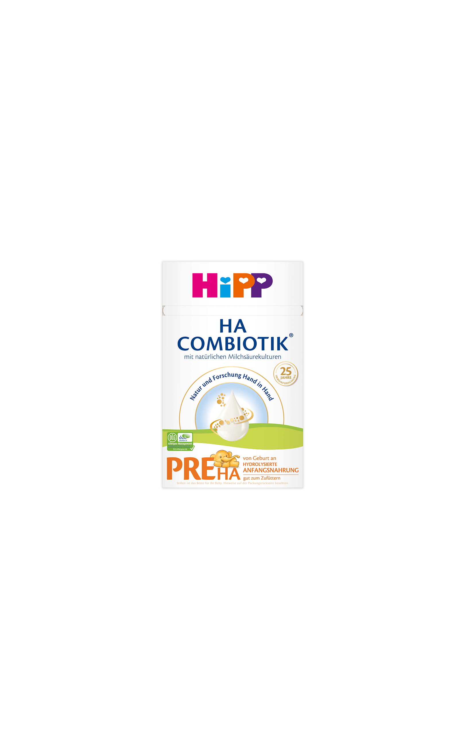 HiPP HA Combiotik PRE HA Anfangsnahrung 1x600g Packung auf schwarzem Hintergrund, sanftes Design mit Baby-Motiv