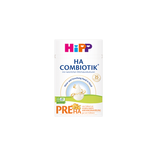 HiPP HA Combiotik PRE HA Anfangsnahrung 1x600g Packung auf schwarzem Hintergrund, sanftes Design mit Baby-Motiv