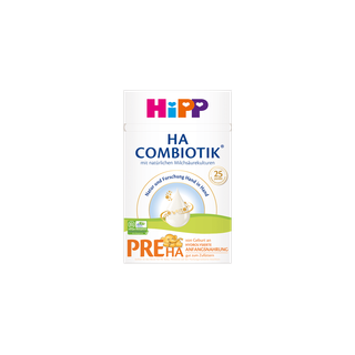 HiPP PRE HA COMBIOTIK® Anfangsnahrung Packung mit HA-Babymilch für sensible Babys, Produktabbildung auf weißem Hintergrund