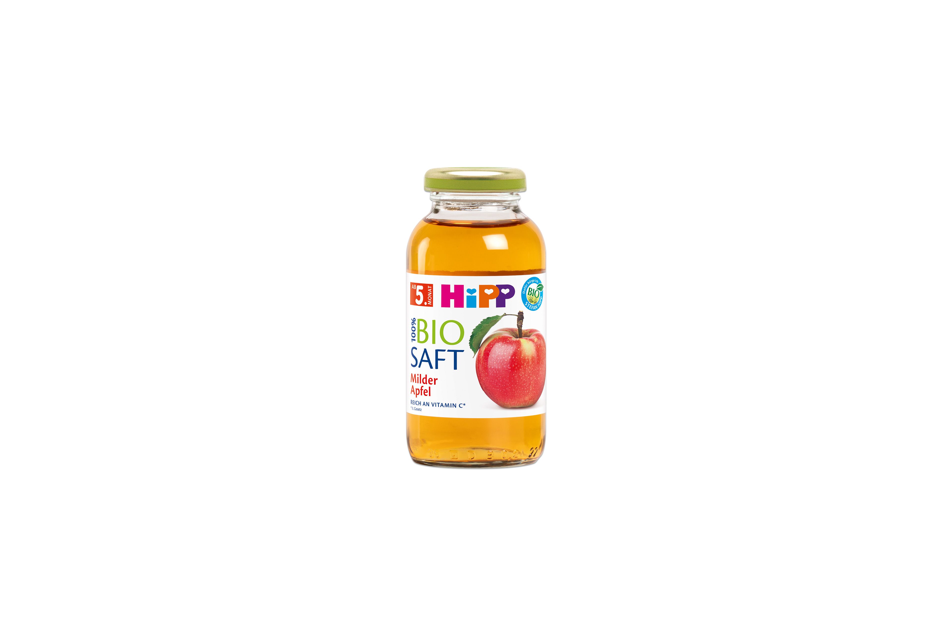 HiPP 100% Bio-Saft Milder Apfel in Glasflasche mit Apfelmotiv auf weißem Hintergrund