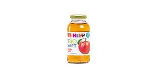 HiPP 100% Bio-Saft Milder Apfel in Glasflasche mit Apfelmotiv auf weißem Hintergrund