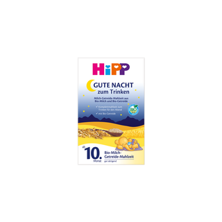 HiPP Gute Nacht Bio-Milch-Getreide-Mahlzeit ab dem 10. Monat, Packung mit schlafendem Bärchen vor nächtlicher Getreidelandschaft