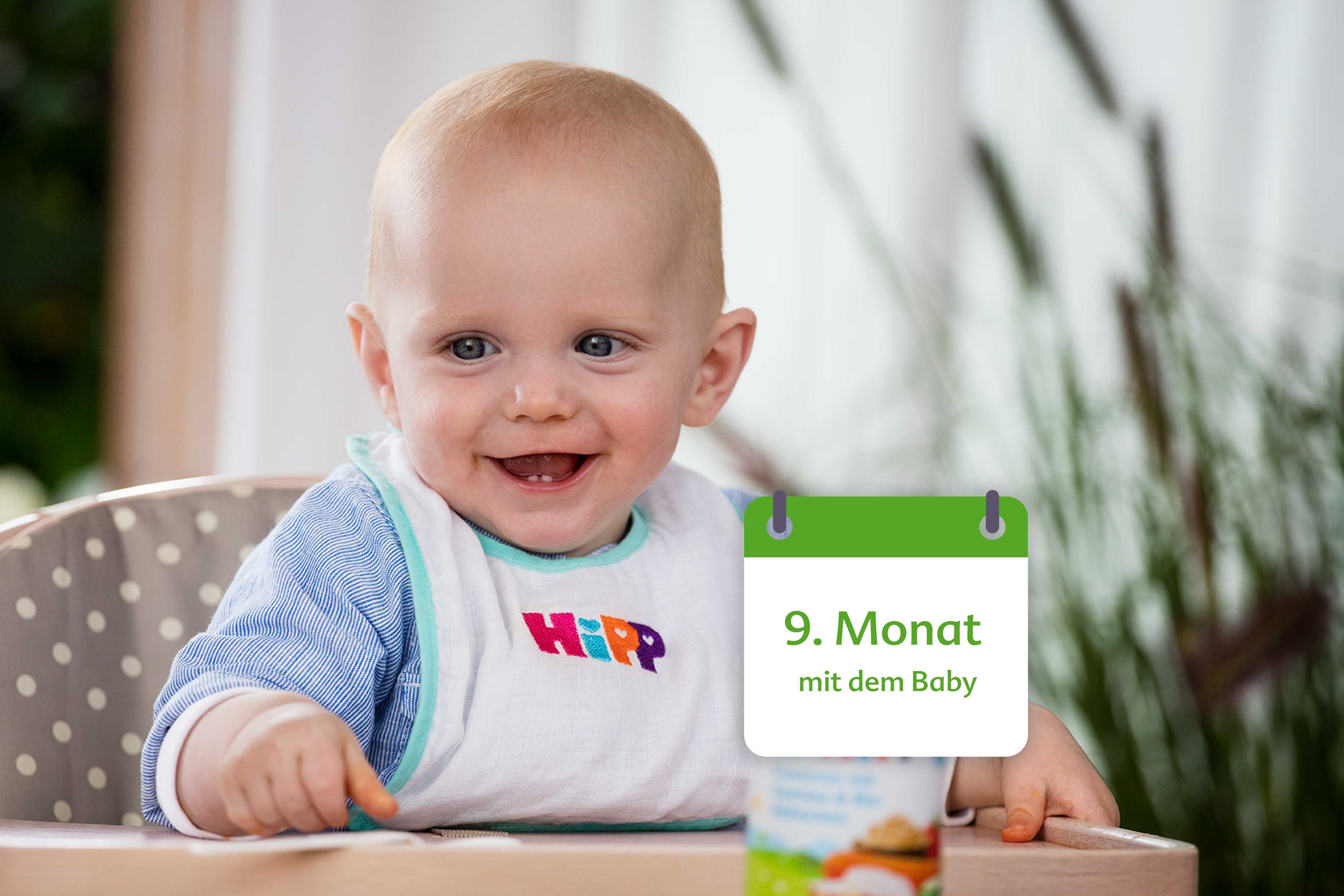 Ein Baby sitzt in einem Hochstuhl, trägt ein Lätzchen mit der Aufschrift "HEPP" und daneben ein Fläschchen mit Essen, während ein Kalender mit der Aufschrift "9. Monat mit dem Baby".