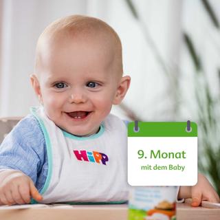 Ein Baby sitzt in einem Hochstuhl, trägt ein Lätzchen mit der Aufschrift "HEPP" und daneben ein Fläschchen mit Essen, während ein Kalender mit der Aufschrift "9. Monat mit dem Baby".