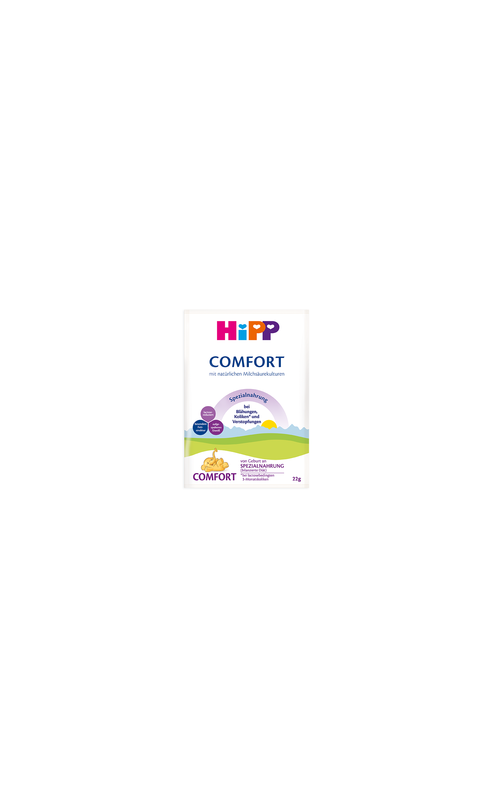 HiPP Comfort Spezialnahrung Portionsbeutel 22g, Spezialnahrung bei Blähungen, Koliken und Verstopfung, Packung auf weißem Hintergrund