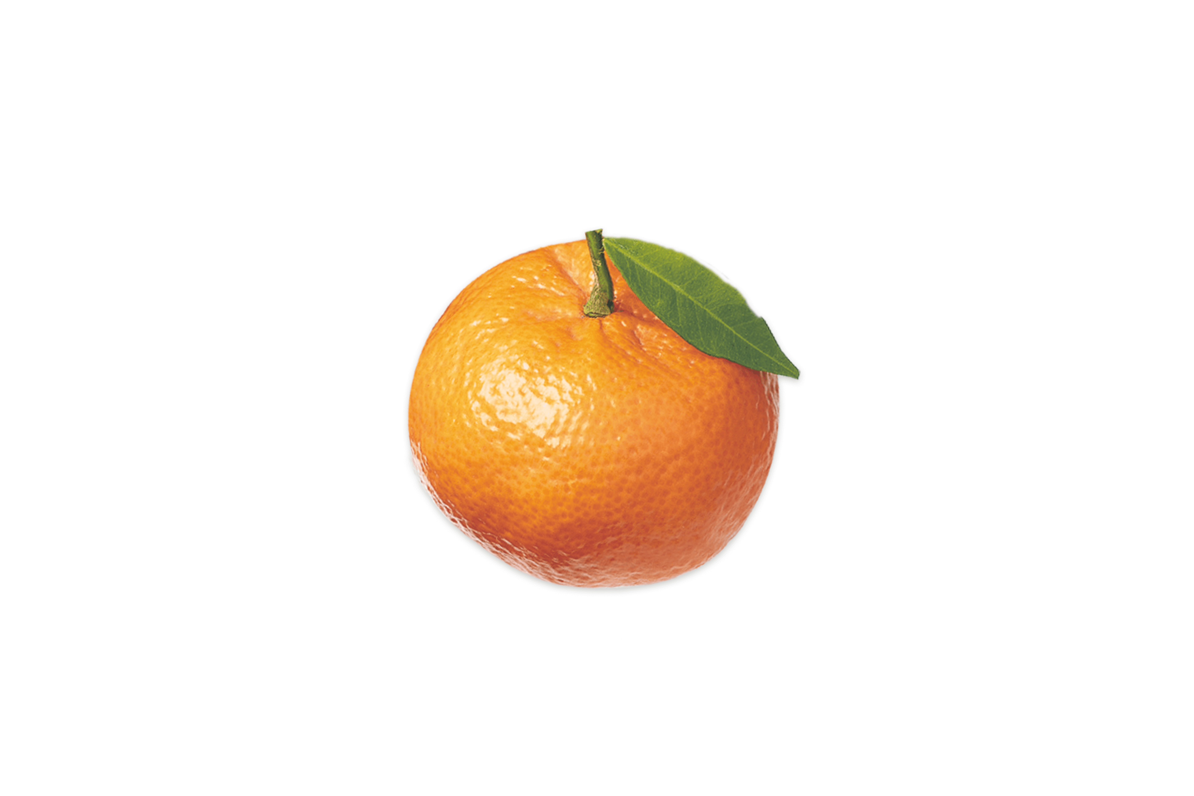 Eine runde orangefarbene Frucht mit einem grünen Stiel an der Spitze.