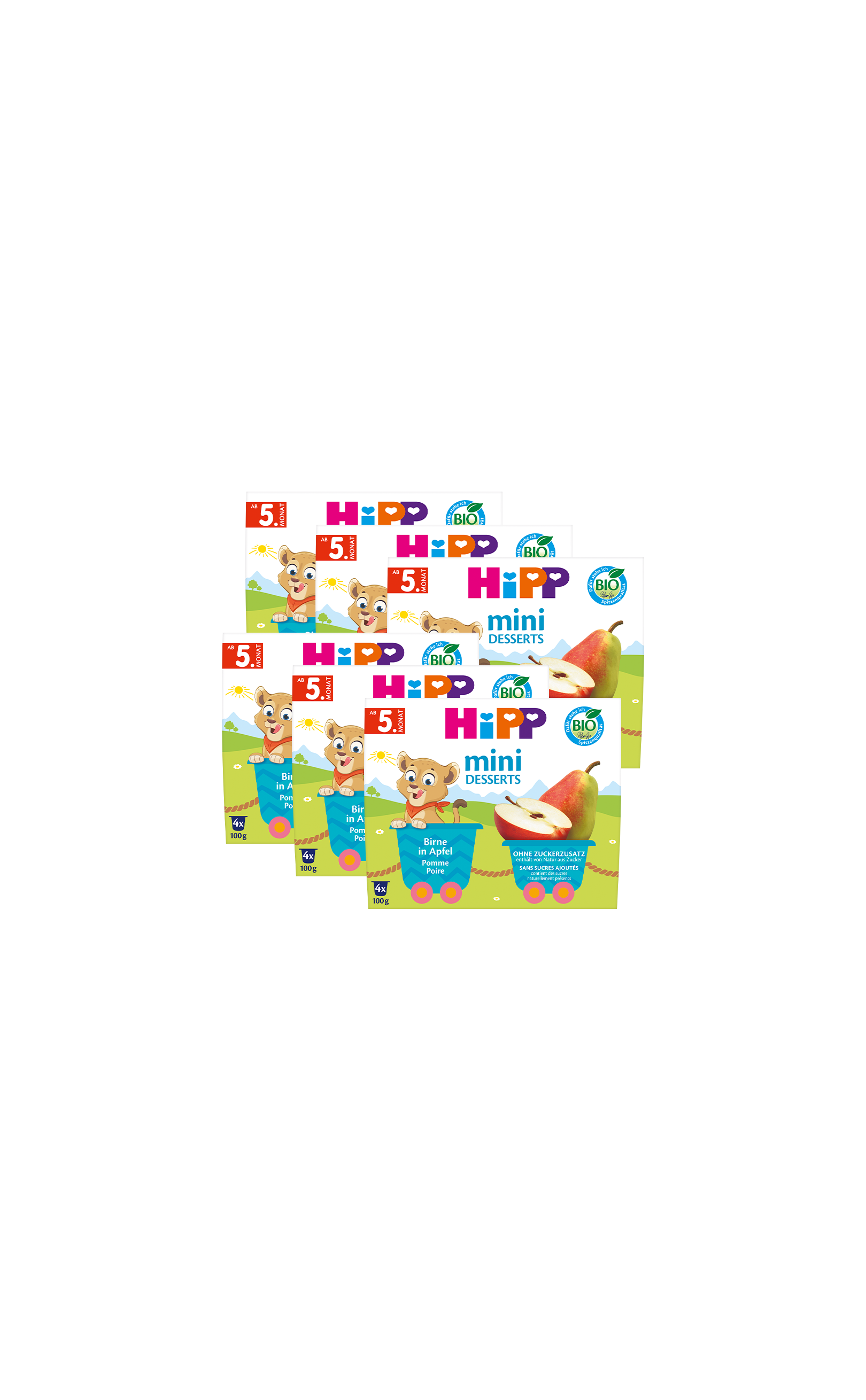 24x100g HiPP Bio Mini Desserts Birne in Apfel, bunt gestaltete Packungen mit Obstmotiv für Babys ab 5 Monaten