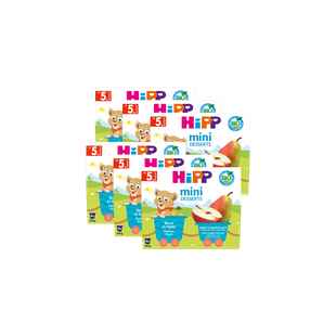 24x100g HiPP Bio Mini Desserts Birne in Apfel, bunt gestaltete Packungen mit Obstmotiv für Babys ab 5 Monaten