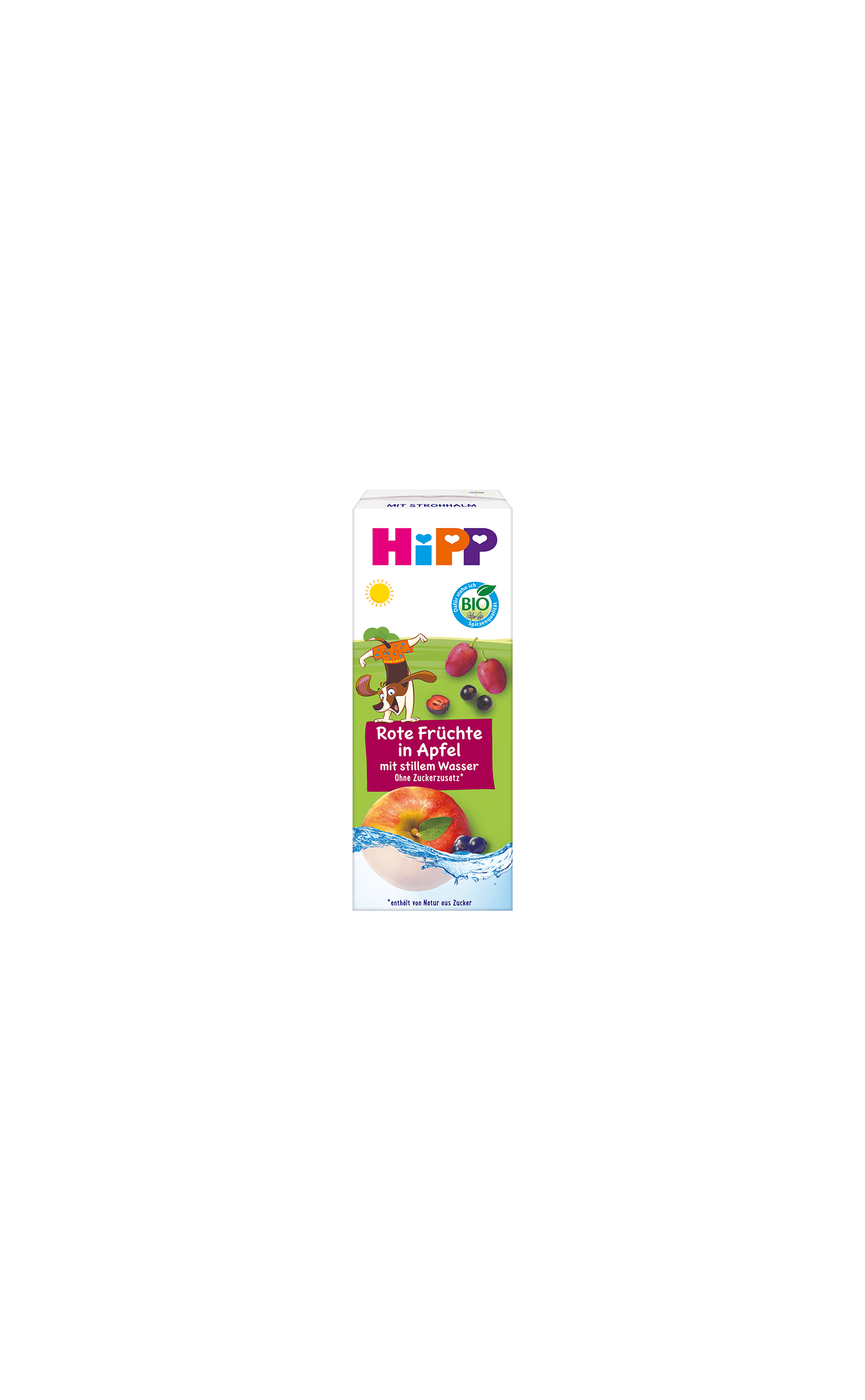 HiPP Bio Kindergetränk Tetrapak „Rote Früchte in Apfel mit stillem Wasser“, 200 ml, mit Früchten und Wasserwelle auf der Packung