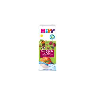 HiPP Bio Kindergetränk Tetrapak „Rote Früchte in Apfel mit stillem Wasser“, 200 ml, mit Früchten und Wasserwelle auf der Packung