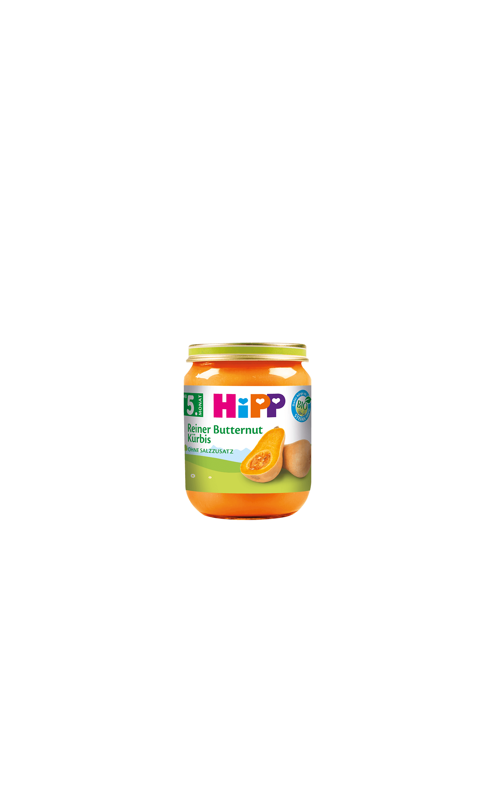 HiPP Bio-Gläschen „Reiner Butternut Kürbis“ ab dem 5. Monat, orange Kürbispüree im Glas vor weißem Hintergrund