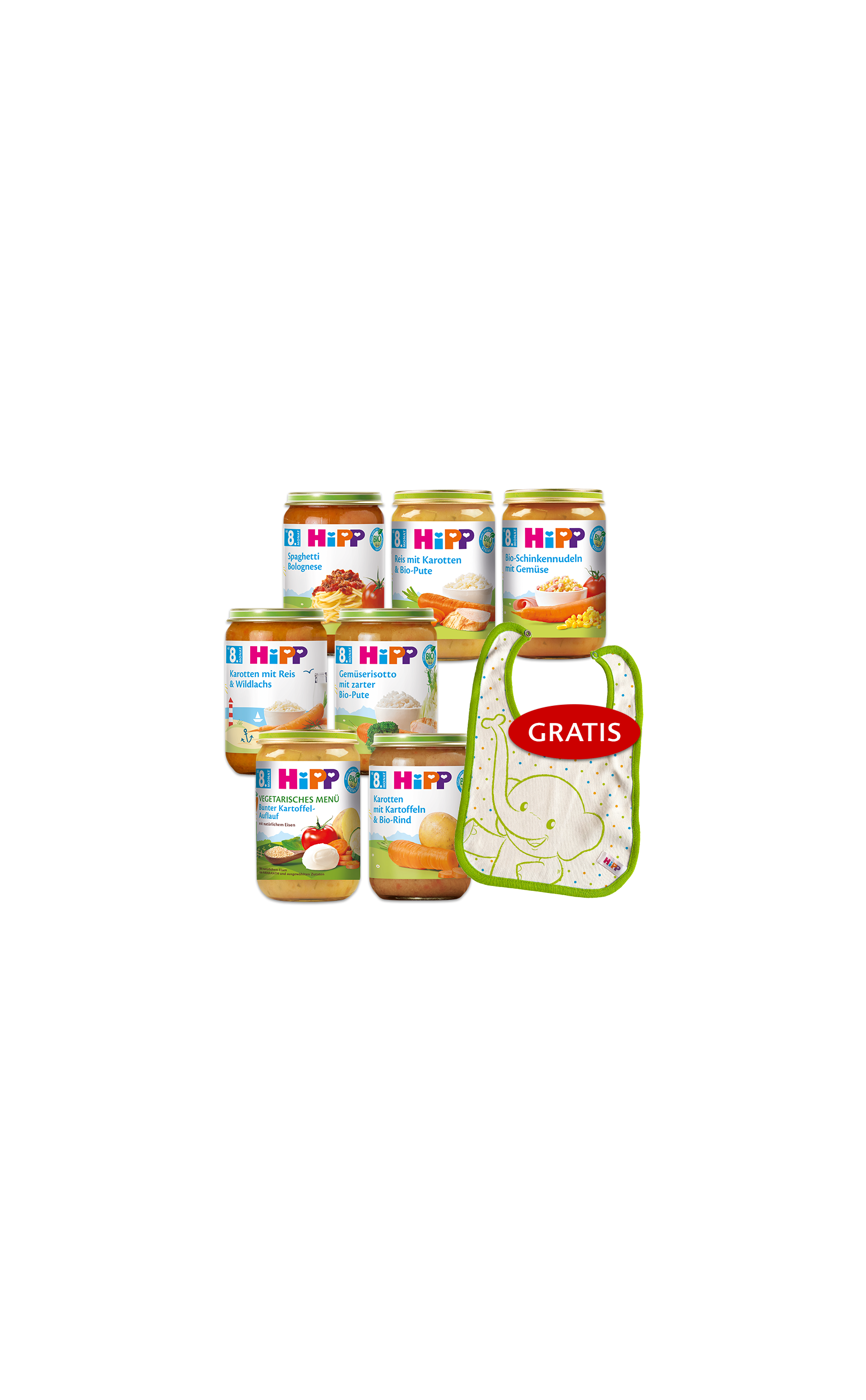 HiPP Bio-Gläschen-Auswahl ab 8. Monat mit verschiedenen Menüs und einem kostenlosen Lätzchen für entspanntes Füttern