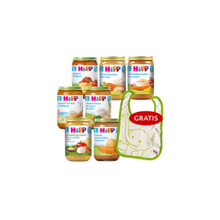 HiPP Beikost Wochenpaket Menüs ab dem 8. Monat mit mehreren Bio-Gläschen und gratis Lätzchen