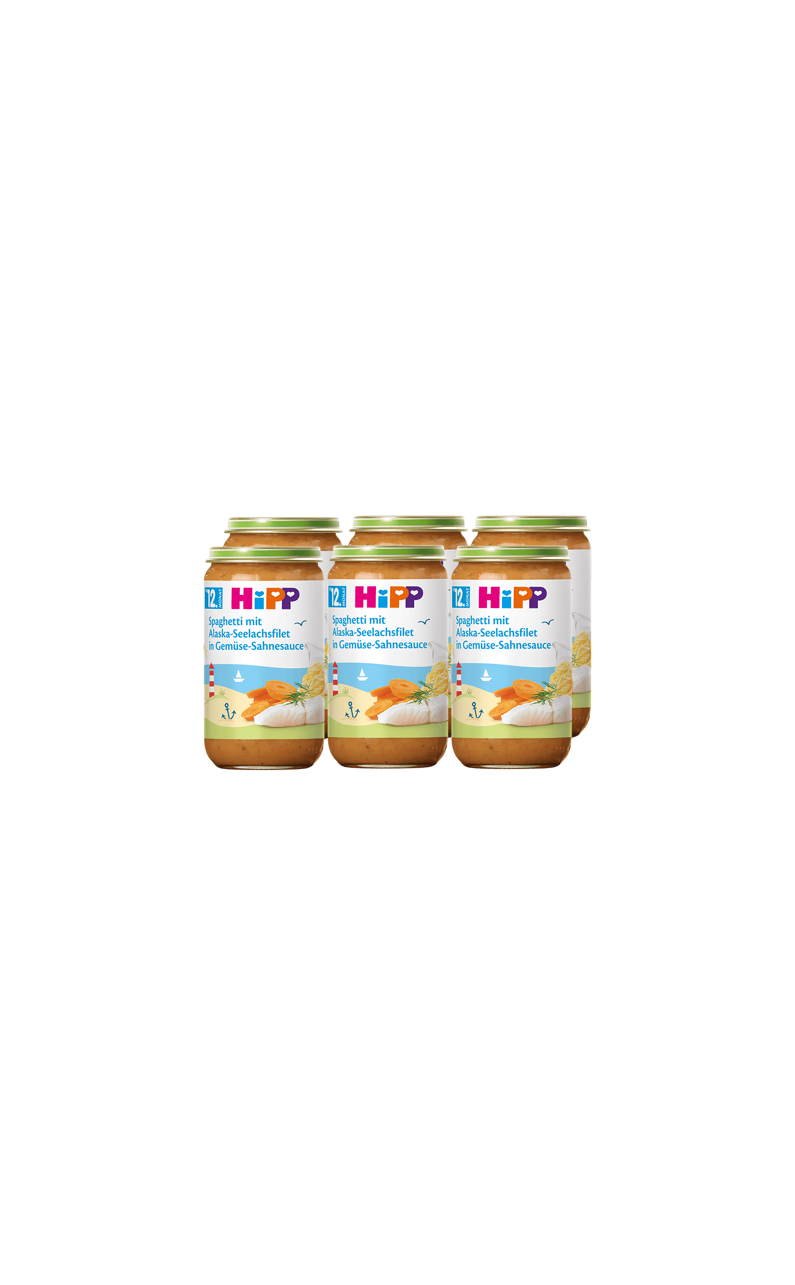 Sechserpack HiPP Gläschen Spaghetti mit Alaska-Seelachsfilet in Gemüse-Sahnesauce, 6×250g, vor schwarzem Hintergrund