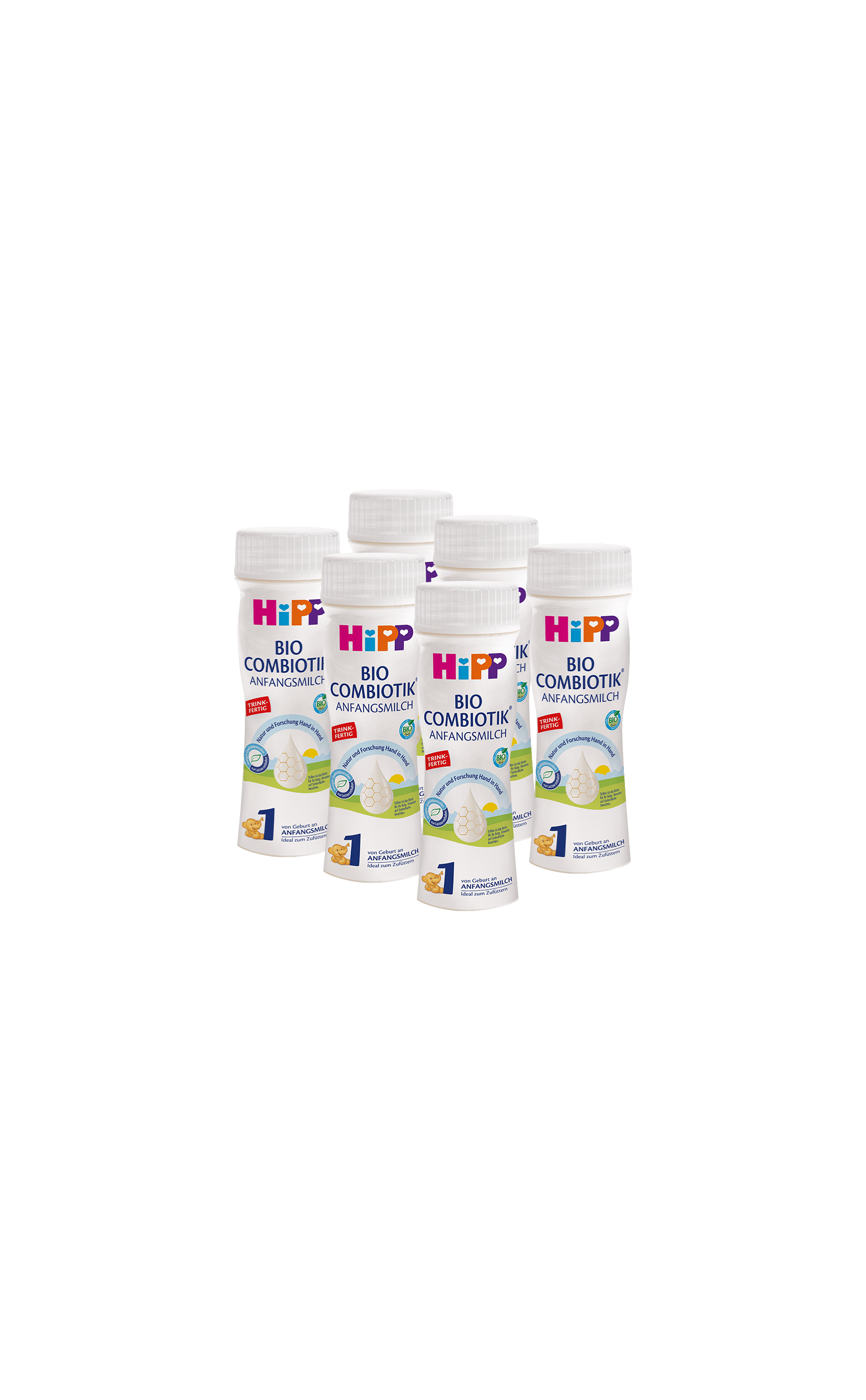 Sechs 200-ml-Fläschchen HiPP Bio Combiotik Anfangsmilch 1 als praktischer Vorrat für unterwegs