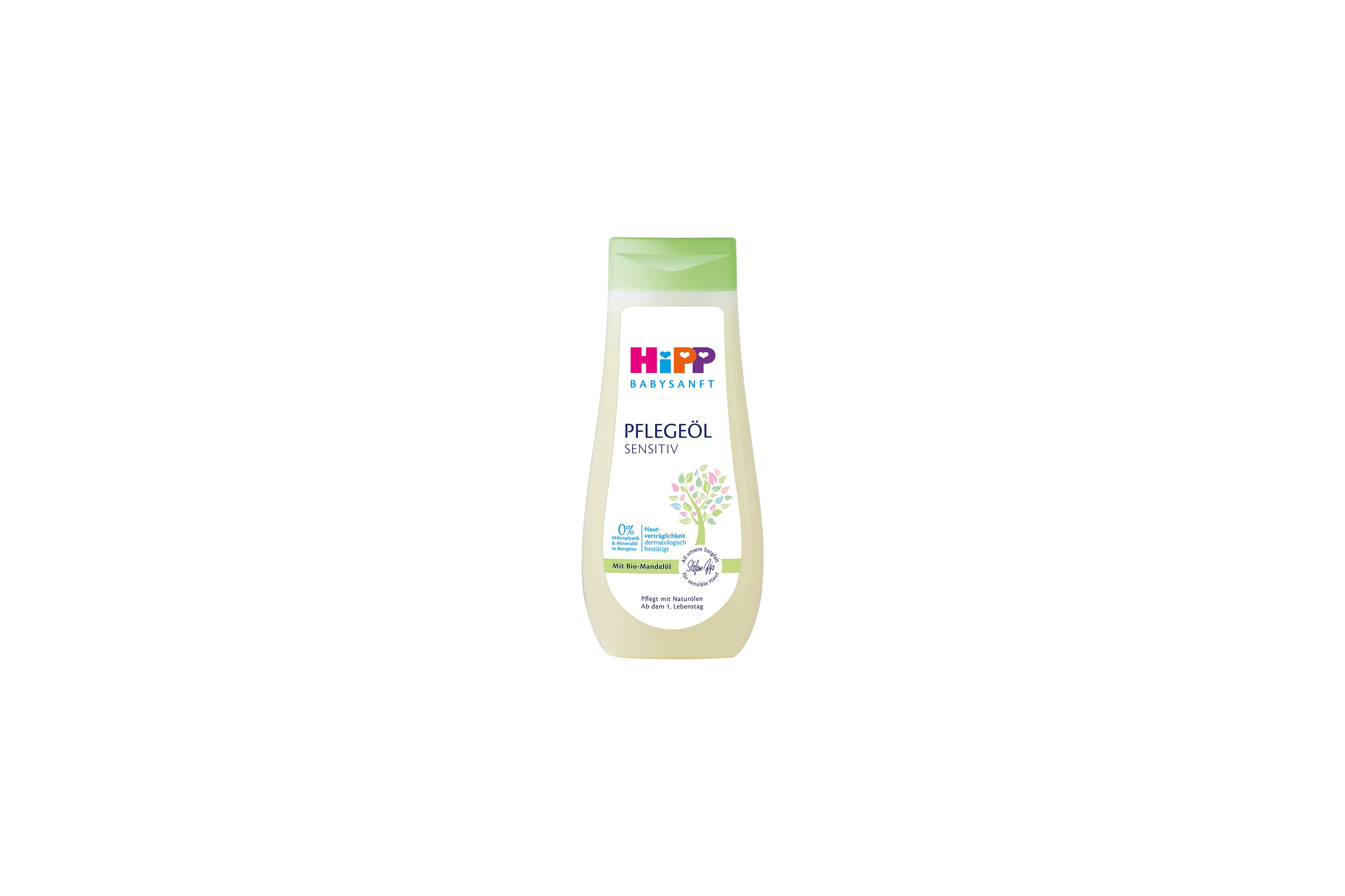 HiPP Babysanft Pflegeöl Sensitiv Flasche mit Bio-Mandelöl für zarte, sensible Babyhaut auf weißem Hintergrund