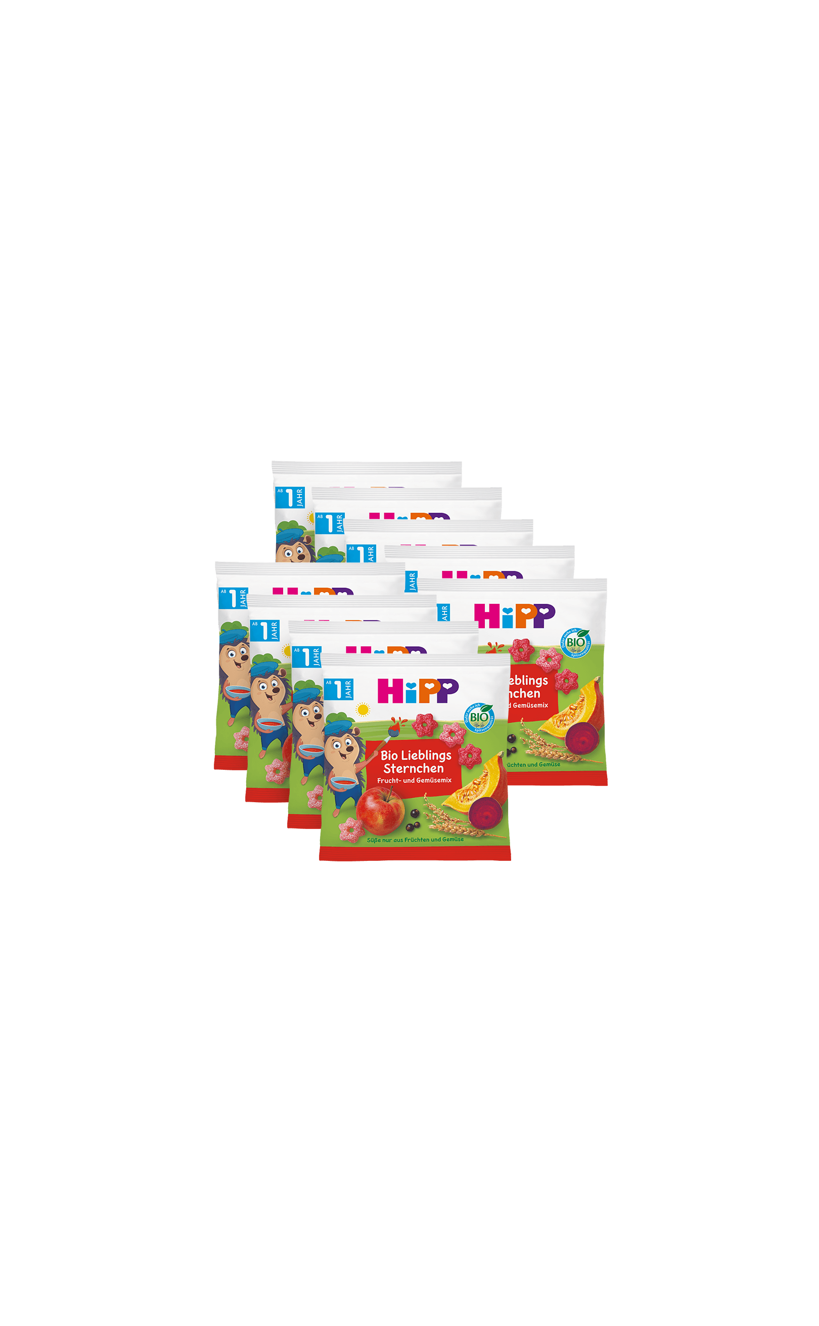 9er Pack HiPP Bio Lieblings Sternchen Frucht- und Gemüsemix für Kleinkinder, bunte Beutel mit Obst- und Gemüseabbildungen