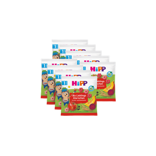 9er Pack HiPP Bio Lieblings Sternchen Frucht- und Gemüsemix für Kleinkinder, bunte Beutel mit Obst- und Gemüseabbildungen