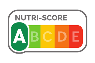 Ein Logo für "Nutri-Score" mit dem Buchstaben "A" in einem grünen Kreis, gefolgt von einer Reihe farbiger Rechtecke mit den Bezeichnungen "A" bis "E".