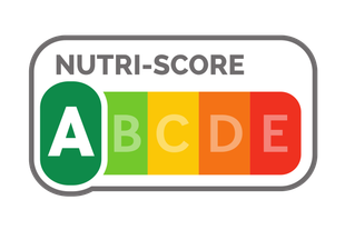 Ein Logo für "Nutri-Score" mit dem Buchstaben "A" in einem grünen Kreis, gefolgt von einer Reihe farbiger Rechtecke mit den Bezeichnungen "A" bis "E".