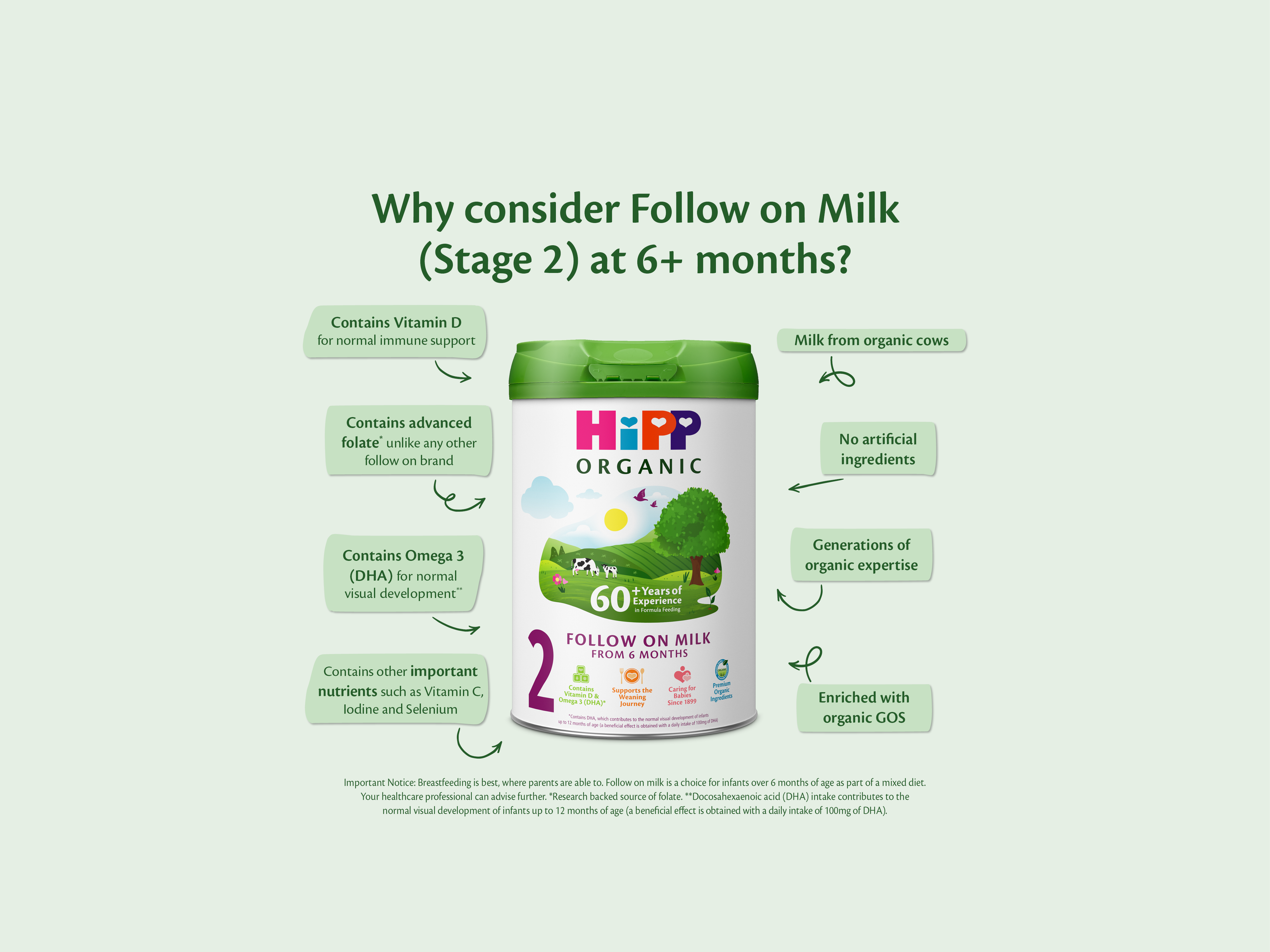 HiPP Organic Follow On Milk powder tin with callouts highlighting key benefits like vitamin D, DHA, organic ingredients and 60 years’ expertise.