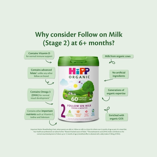 HiPP Organic Follow On Milk powder tin with callouts highlighting key benefits like vitamin D, DHA, organic ingredients and 60 years’ expertise.
