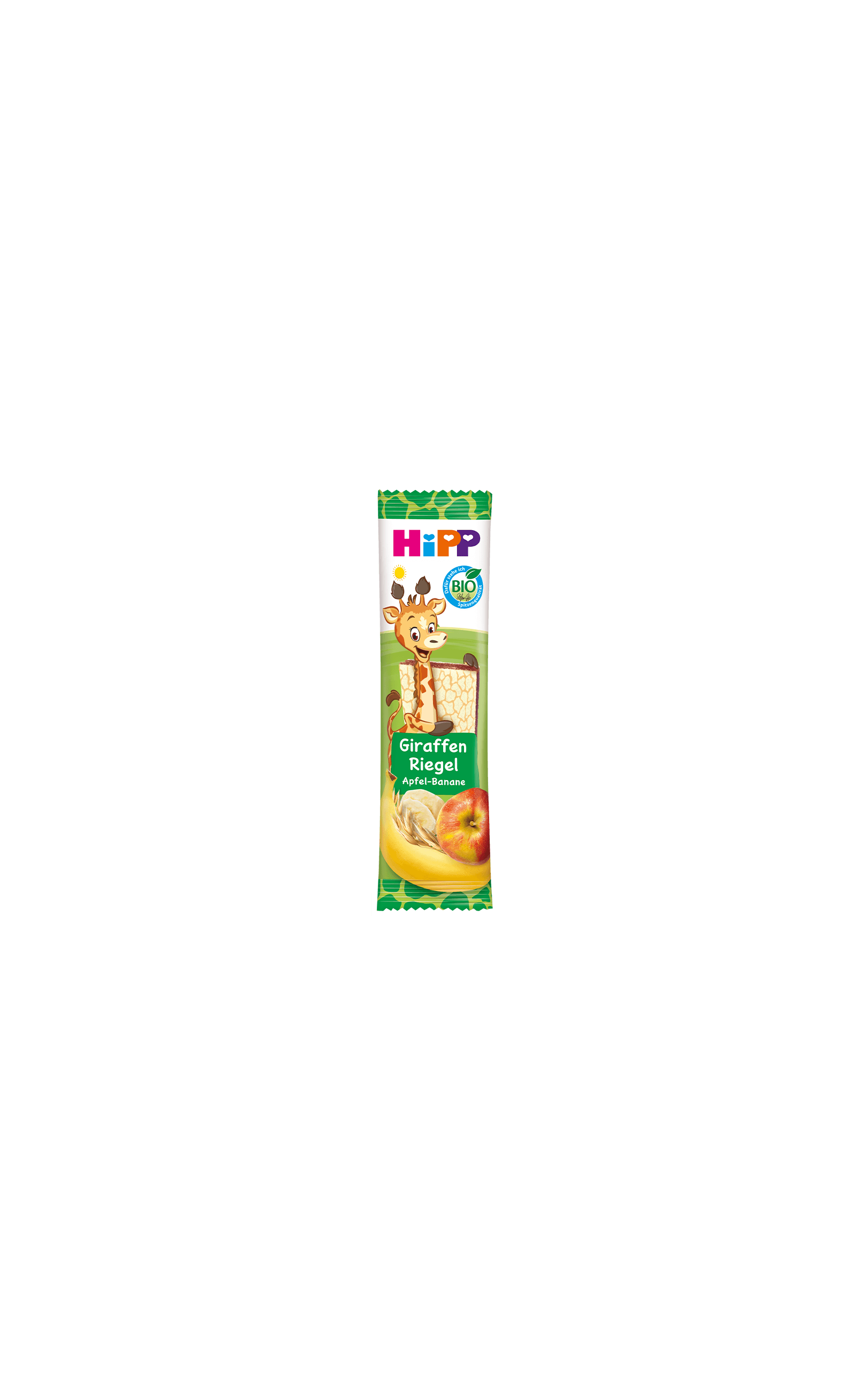 HiPP Giraffe Früchte Riegel Apfel-Banane-Hafer in grüner Kinderverpackung mit Giraffe und Apfel-Banane-Motiv