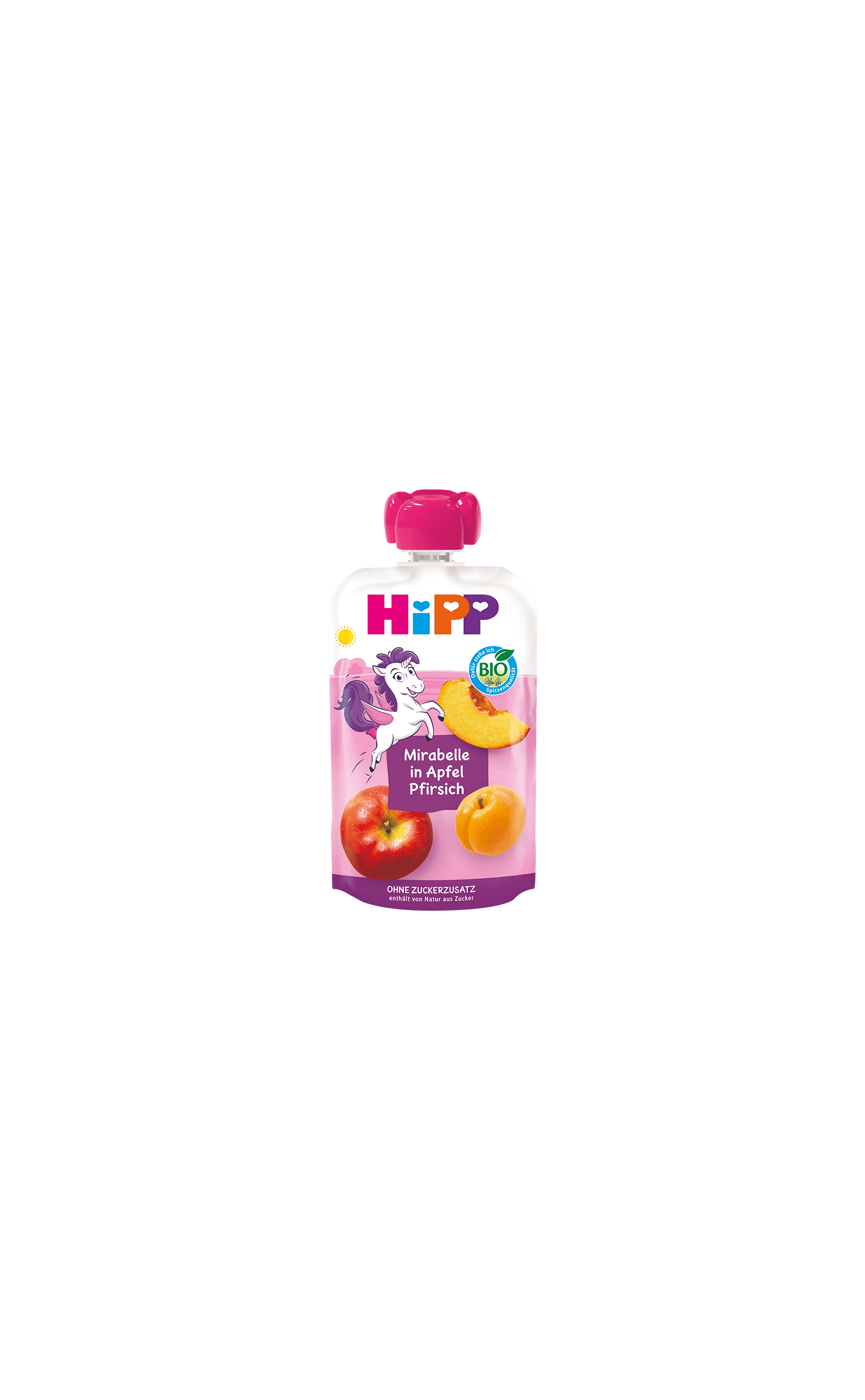 HiPP Bio-Quetschbeutel Mirabelle in Apfel Pfirsich mit Einhornmotiv, fruchtiger Snack ab 1 Jahr ohne Zuckerzusatz