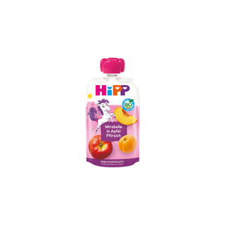 HiPP Bio-Quetschbeutel Mirabelle in Apfel Pfirsich mit Einhornmotiv, fruchtiger Snack ab 1 Jahr ohne Zuckerzusatz