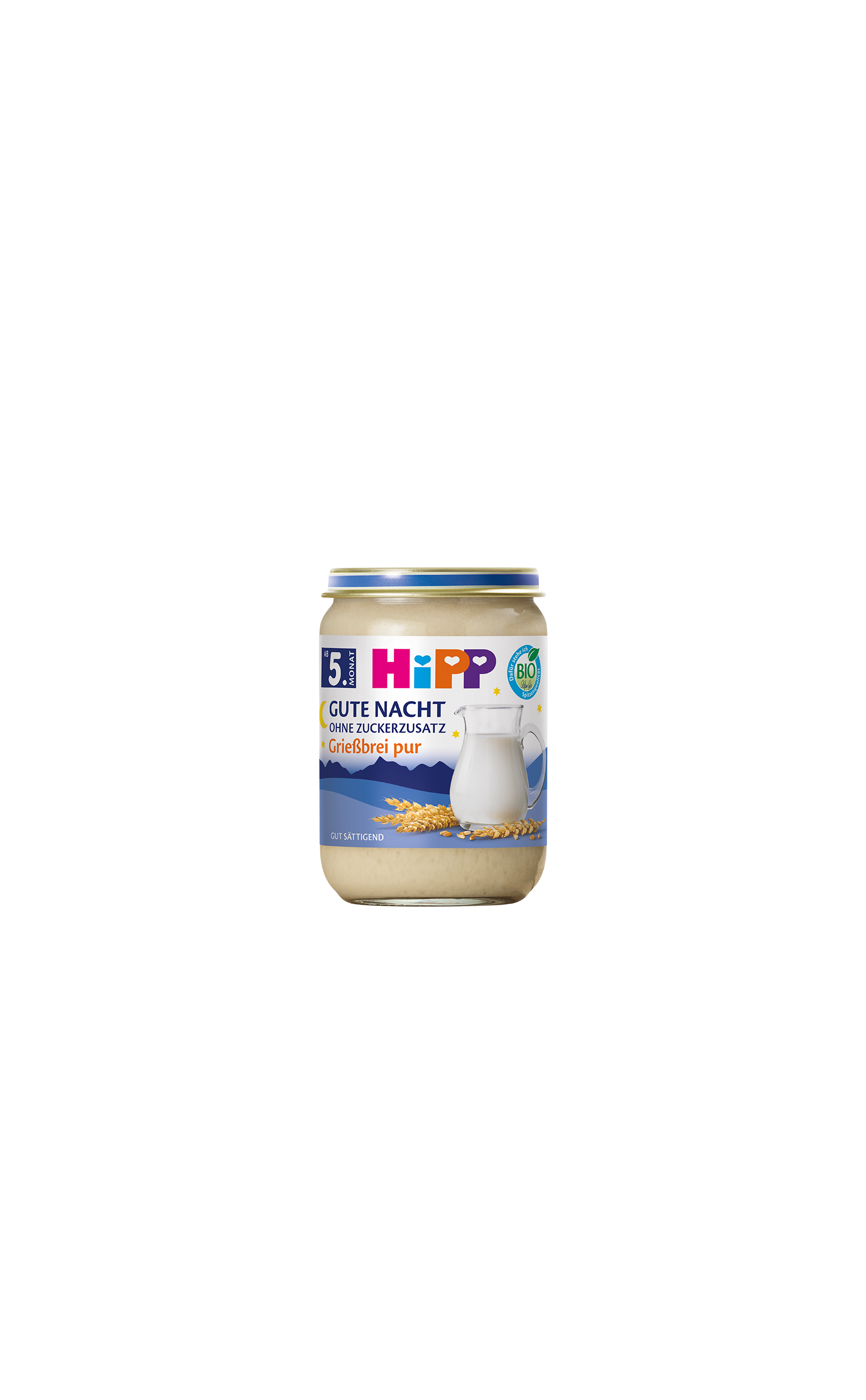 HiPP Gute Nacht Grießbrei pur Bio-Gläschen ab 5. Monat mit Milch und Getreide vor schwarzem Hintergrund