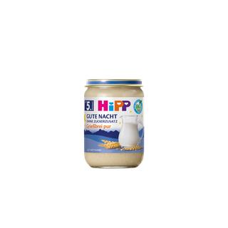 HiPP Gute Nacht Grießbrei pur Bio-Gläschen ab 5. Monat mit Milch und Getreide vor schwarzem Hintergrund
