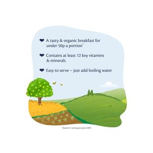 HiPP Organic creamy porridge benefits text over a countryside illustration with fields, tree and bees