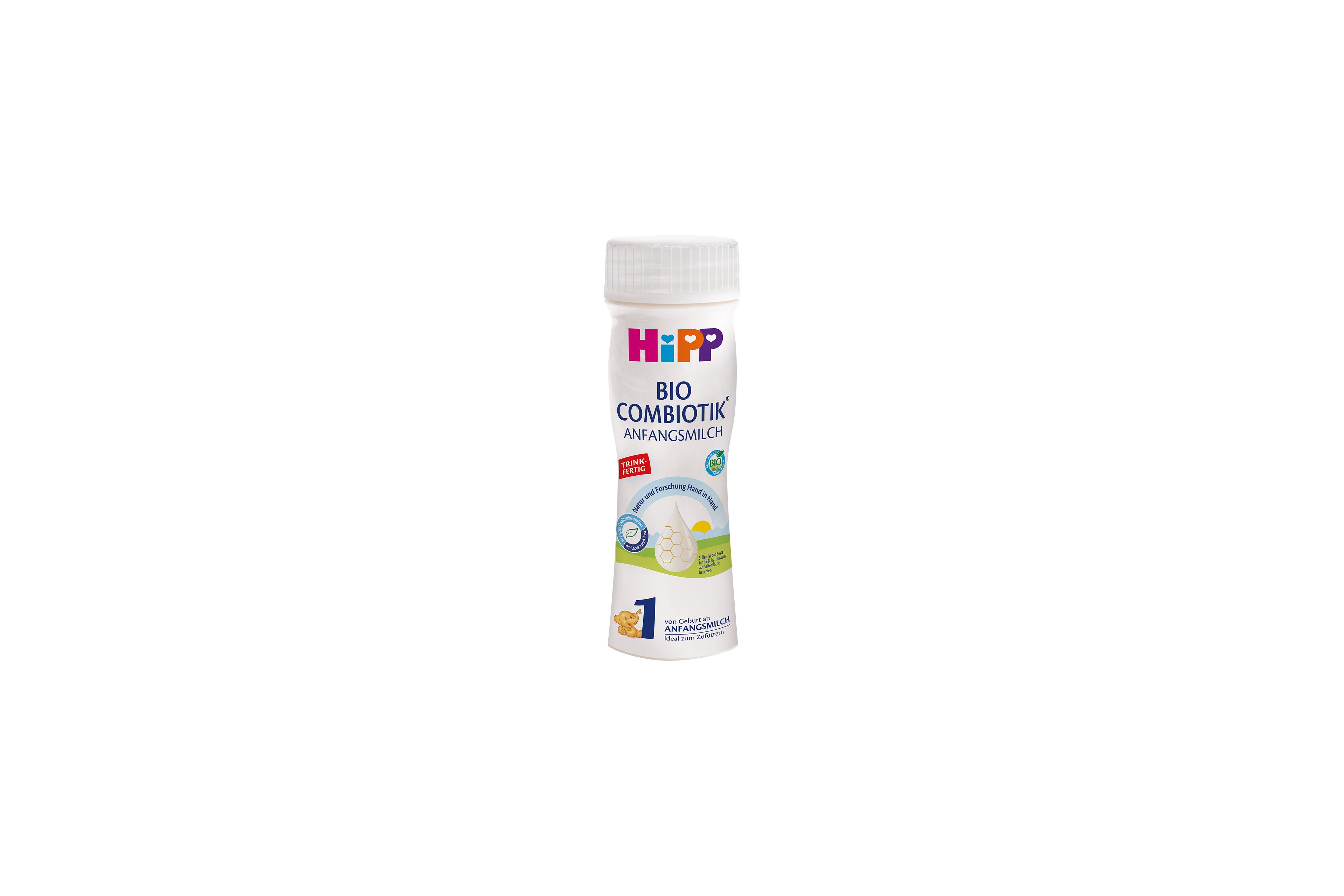 HiPP 1 Bio Combiotik Anfangsmilch, trinkfertige 200 ml Flasche auf weißem Hintergrund