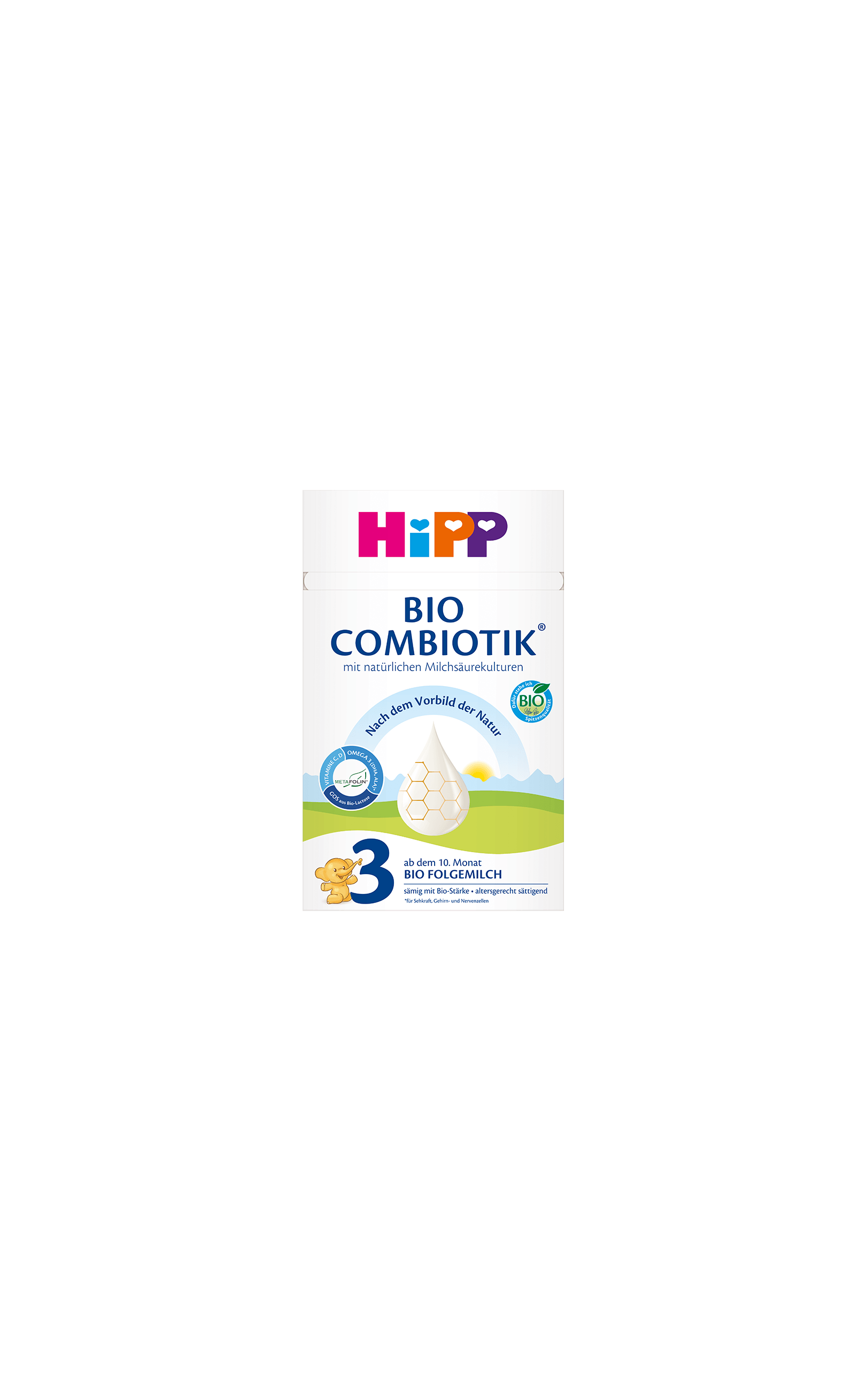 HiPP Bio Combiotik 3 Bio-Folgemilch ab dem 10. Monat, 600g Packung auf schwarzem Hintergrund