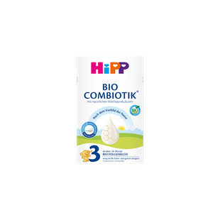 HiPP Bio Combiotik 3 Bio-Folgemilch ab dem 10. Monat, 600g Packung auf schwarzem Hintergrund