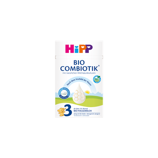 HiPP 3 BIO Combiotik® Folgemilch-Packung für Babys ab dem 10. Monat mit Bio-Siegel und Landschaftsmotiv auf weißem Hintergrund