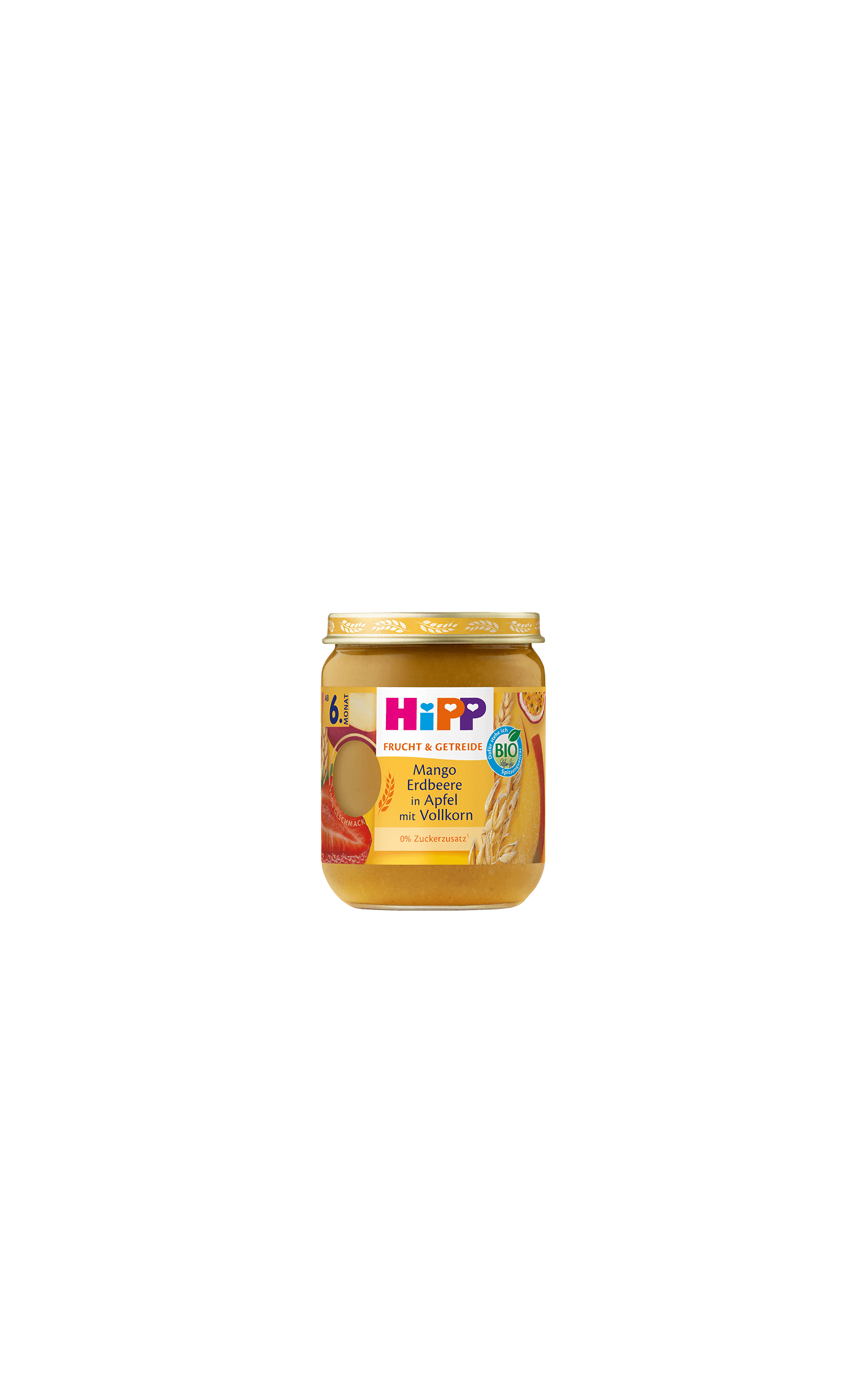 HiPP Bio-Gläschen Mango Erdbeere in Apfel mit Vollkorn für Babys ab 6 Monaten vor weißem Hintergrund
