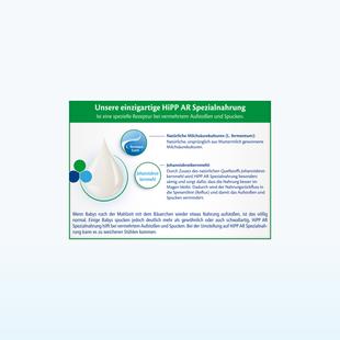 Infografik zur Zusammensetzung von HiPP AR Spezialnahrung mit Darstellung von Milchtropfen und Text zu fermentierten Milchsäurekulturen und Johannisbrotkernmehl