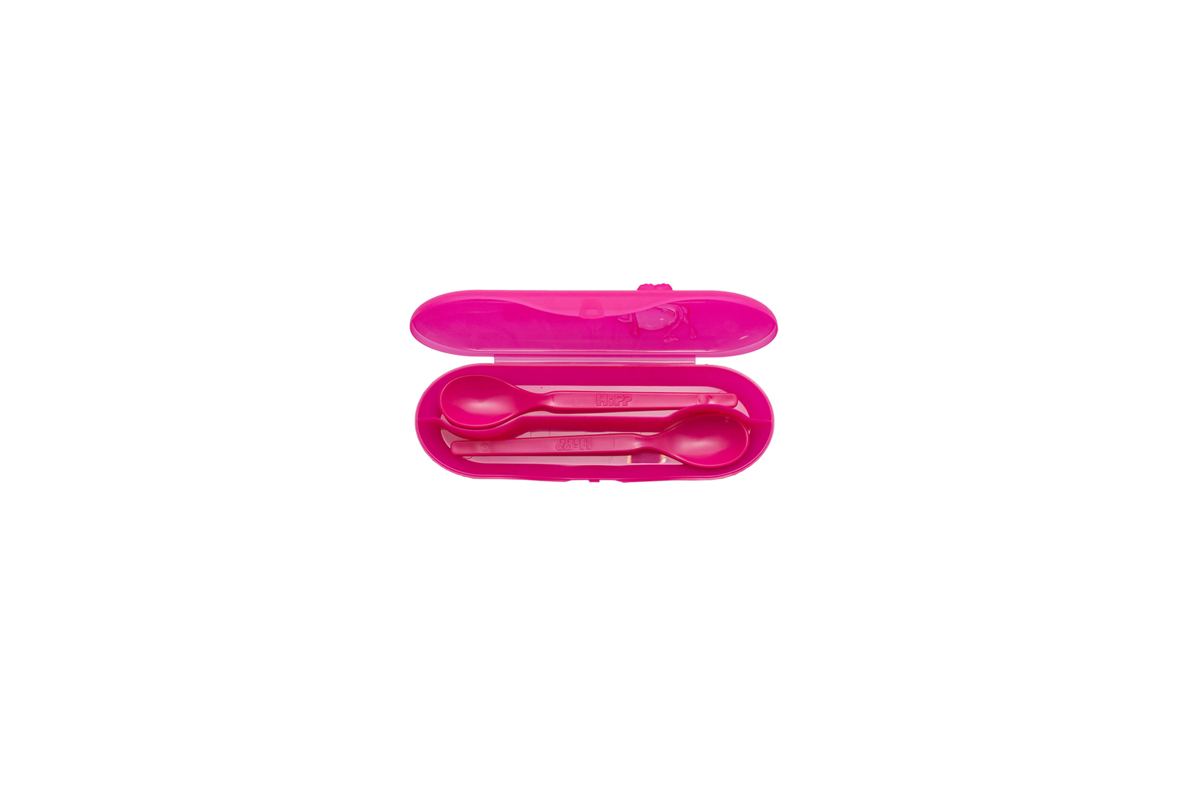 Pinkfarbene HiPP Löffelbox aus Kunststoff mit geöffnetem Deckel und zwei passenden Babylöffeln im Inneren