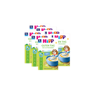 7er Pack HiPP Guten Tag Bio Getreidebrei Reis, ab dem 5. Monat, ohne Zuckerzusatz auf schwarzem Hintergrund
