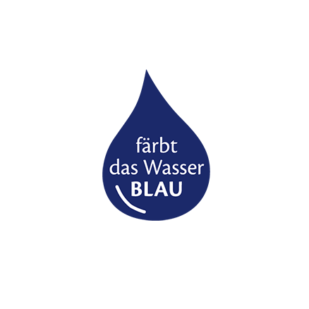 Blauer Tropfen mit der Aufschrift "Färbt das Wasser blau"