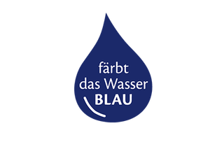 Blauer Tropfen mit der Aufschrift "Färbt das Wasser blau"