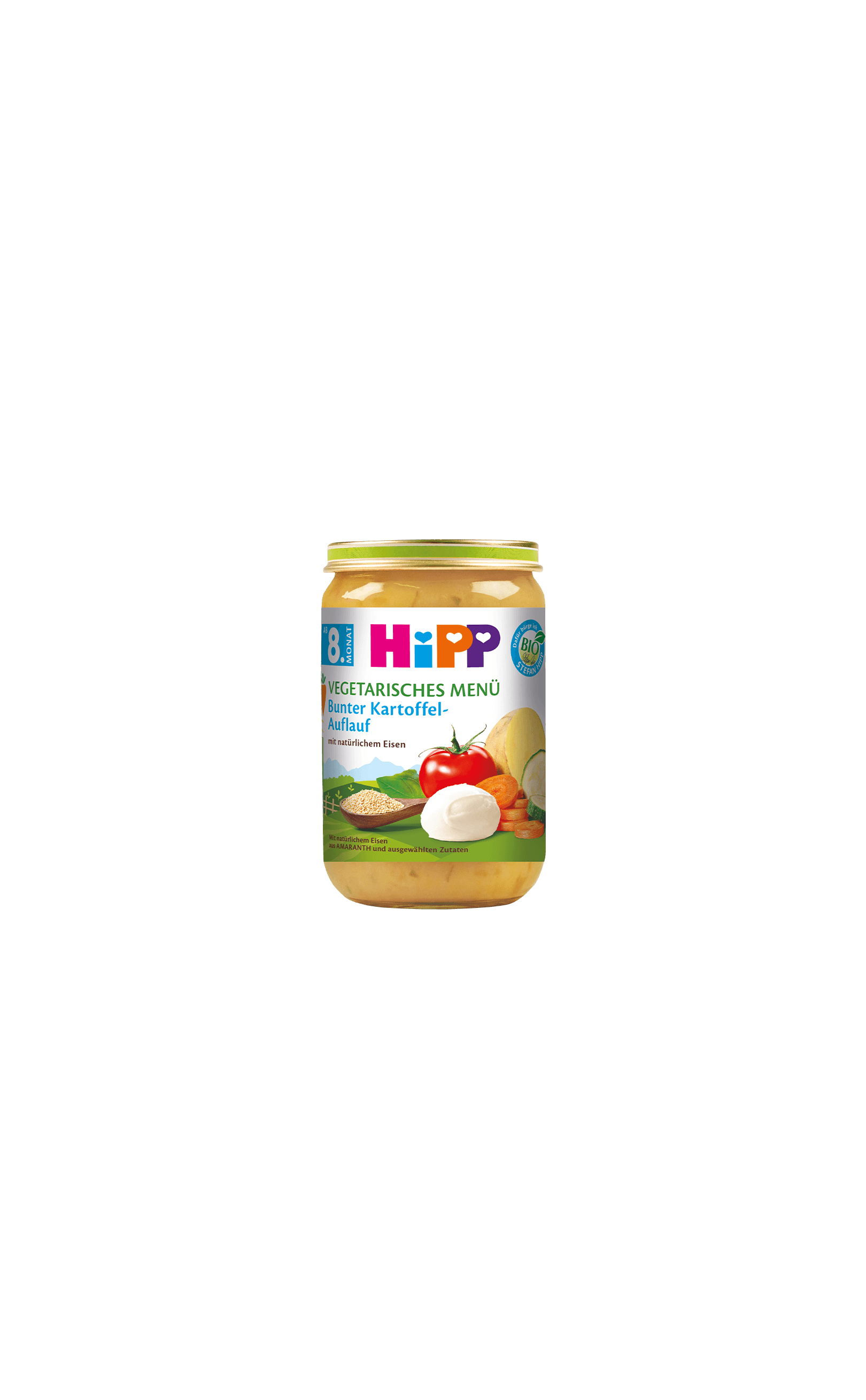 HiPP Bio Vegetarisches Menü Bunter Kartoffel-Auflauf im Glas für Babys ab dem 8. Monat auf weißem Hintergrund