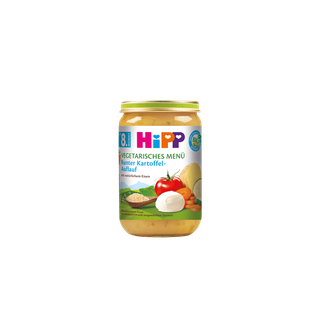HiPP Bio Vegetarisches Menü Bunter Kartoffel-Auflauf im Glas für Babys ab dem 8. Monat auf weißem Hintergrund