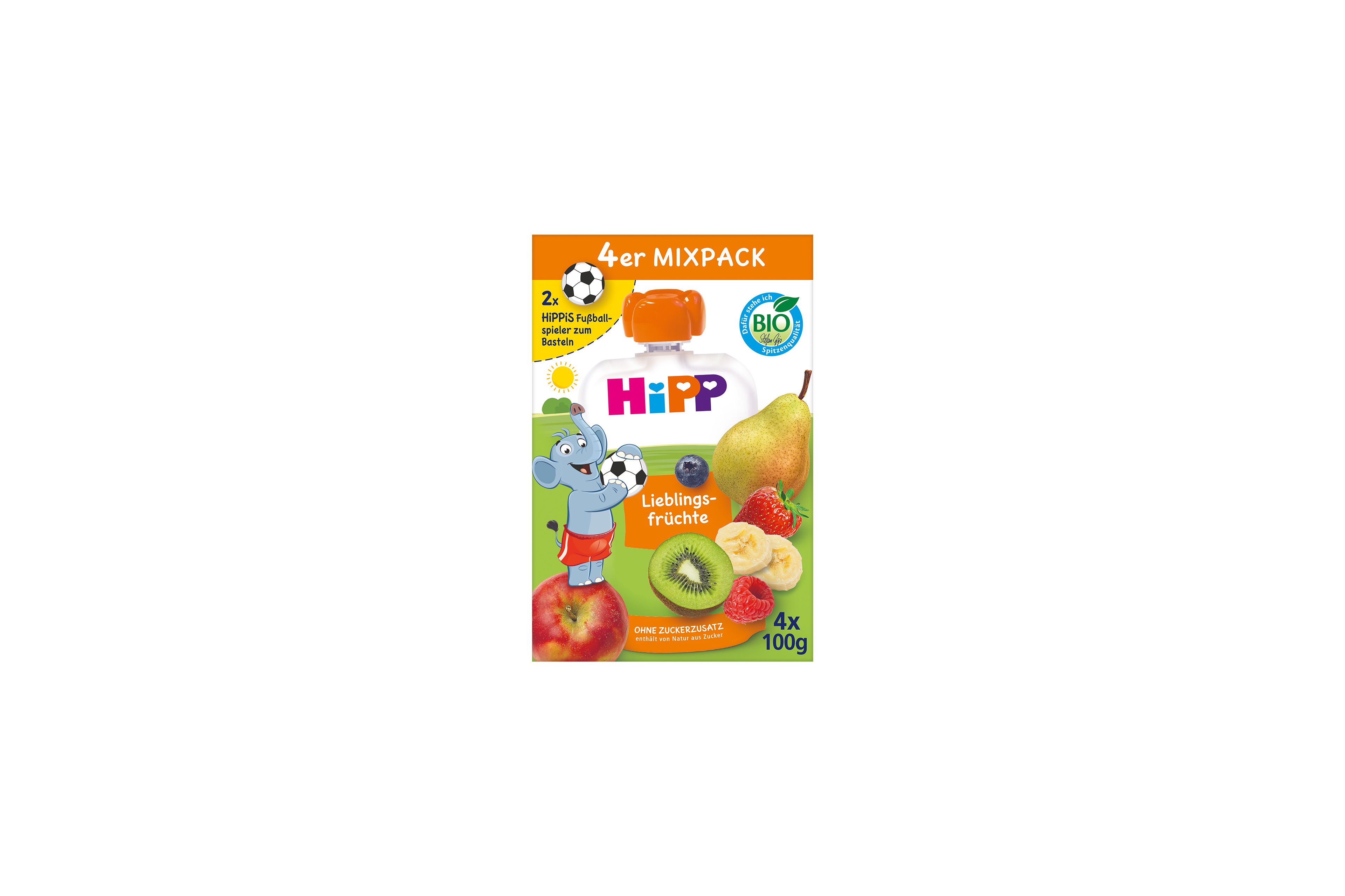 HiPPiS Mixpack Lieblingsfrüchte Quetschbeutel, 4x100g, Bio-Obstmix ohne Zuckerzusatz mit Apfel, Birne, Kiwi, Erdbeere und Banane